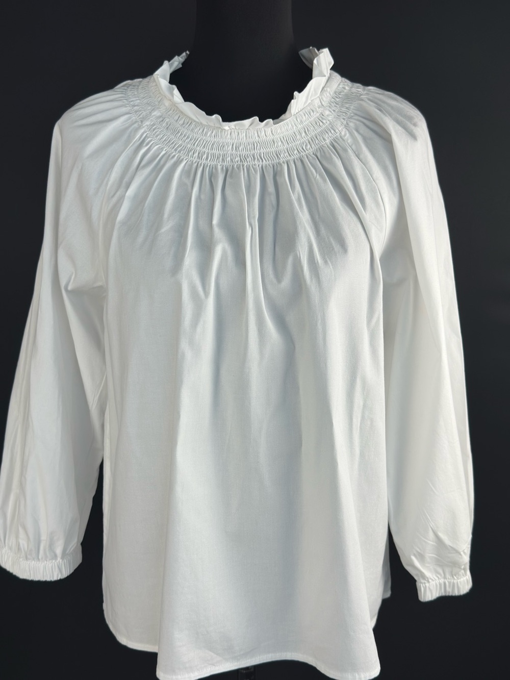 J.Crew Women’s White Smocked Ruffle Neck Blouse Long Sleeve Cotton Top M
